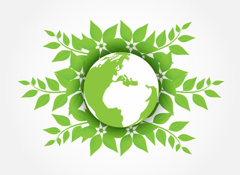 Ecology concept. Green earth , green leaf paper art on white background. Vector.