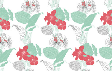 Seamless pattern featuring flowers and leaves. Elegant, different colour combinations. 