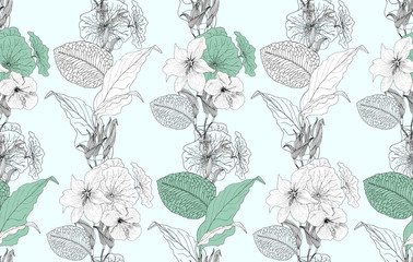 Seamless pattern featuring flowers and leaves. Elegant, different colour combinations. 