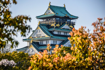 The most nice japanese castle is in Osaka, blue roof and beautiful surrounding