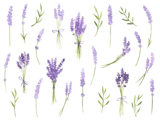 Glasschilderij Lavendel Set met aquarel lavendel takjes