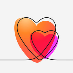 Two hearts continuous line drawing with liquid gradient, Vector minimalist illustration of love concept