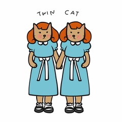 Twin cats wear blue dress cartoon vector illustration