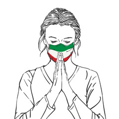 Coronavirus outbreak in Italy, Woman praying for Italy in italian flag color medical mask with hands folded in worship, eyes closed in hope, Hand drawn illustration vector sketch