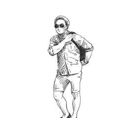 Coronavirus. Walking man in medical face mask and sunglasses, Hand drawn illustration, Vector sketch with hatched shades
