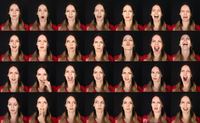 Actor Emotion Card. Collage of Young adult woman with various expressions positive six emotions.