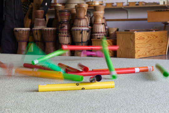 boomwhakers and colored tubes for music lessons and play
