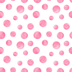 Modèle sans couture aquarelle rose à pois. Abstrait aquarelle avec des cercles de couleur sur blanc