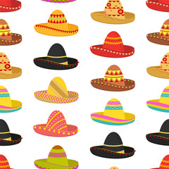 Cartoon Color Mexican Sombrero Hat Seamless Pattern Background. Vector