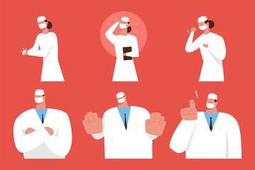 Doctor and nurse in medical mask vector cartoon characters set isolated on background.
