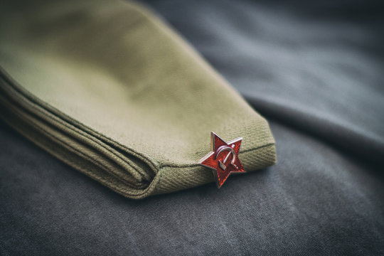 Uniform cap of a Soviet soldier of the WWII with a star. In memory of Victory Day on May 9th.