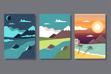 Mountain and beach landscapes poster vector cartoon set isolated on background.