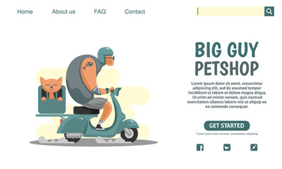 Landing page design. Big guy riding green scooter vintage motorcycle carrying cat, pet shop company. Web banner design, scooter club, Flat style illustration. Scalable and editable vector.