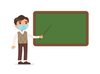 Male teacher with protective masks on his face standing near blackboard. Tutor pointing at blank chalkboard in classroom cartoon character.  Respiratory virus protection,  allergies concept. 