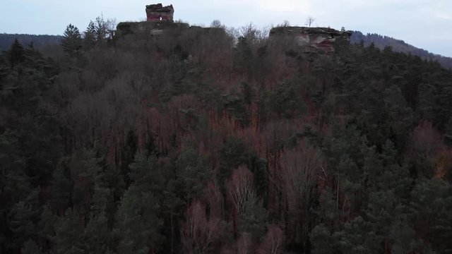 Aerial shot of Drachenfels Castle located in the Palatine Forest, Germany.
