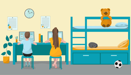 Children, schoolchildren, brother and sister, learn lessons, pass the remote test on a computer. Kids room with bed and toys. Vector illustration. Online home education concept, home education.
