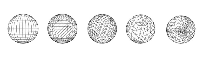 Set of polygon mesh sphere. Technology abstract art background. Collection of minimalistic geometric design sci-fi elements. Vector futuristic digital concept.