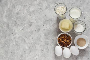 Ingredients for the cake. Homemade baking. Top view on the recipe for the test.