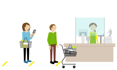 Illustration of people lined up at the cashier while social distancing to prevent the spread of infectious diseases (color)