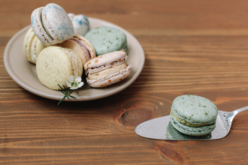 Colorful homemade macarons are lying on theplate on the brown wooden background. Envelope with blossom.