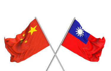 Naklejka na ściany i meble 3d rendering. crossing China and Taiwan national flags pole with clipping path isolated on white background.