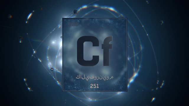 Californium as Element 98 of the Periodic Table. Seamlessly looping 3D animation on blue illuminated atom design background orbiting electrons name, atomic weight element number in Arabic language