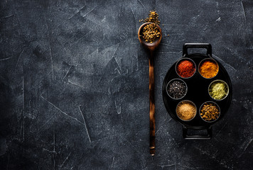 Various spices seasoning spicy, in a pan top view. Indian spices cooking