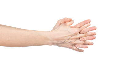 Caucasian woman washing her hands isolated on white background