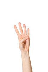 Woman hand showing four fingers on white background