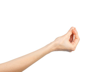 Woman bunching her fingers together, with tips touching and pointing upward on white background