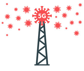 Cell tower 5g and silhouette novel coronavirus isolated on blue background. Creative art concept of world pandemia 2019-nCoV. Minimalistic vector illustration in cartoon flat style.