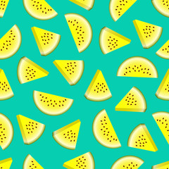 Vector watermelon seamless pattern. Slice of watermelon on turquoise background. Colorful vector illustration gradient fill in flat style.