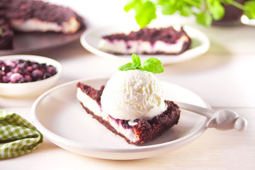 Creamy cheesecake with chocolate, black currant, ice cream and mint leaf for decoration