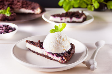 Creamy cheesecake with chocolate, black currant, ice cream and mint leaf for decoration