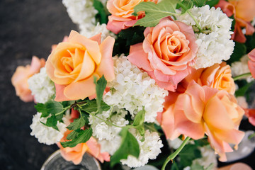 bouquet of fresh flowers in coral and white