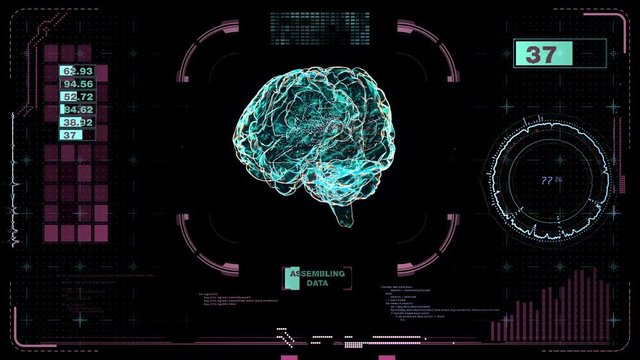 Futuristic medical lab turntable loop, Human digital brain on Holographic screen virtual hud elements, Futuristic User Interface