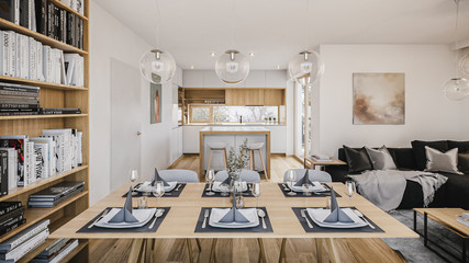 Modern wooden white apartment dining room with kitchen perspective rendering