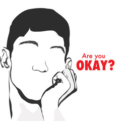 Character drawing of a thoughtful, sad young man, in monochrome. Mental health awareness banner/poster. Space for Custom text.  