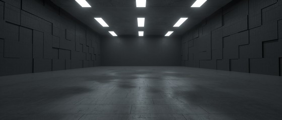 3d rendering of a futuristic dark concrete underground space with lights