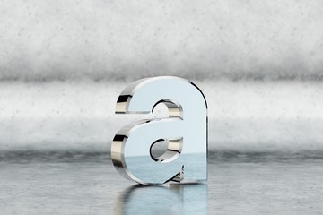 Chrome 3d letter A lowercase. Glossy chrome letter on scratched metal background. Metallic alphabet with studio light reflections. 3d rendered font character.
