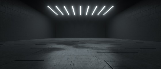 3d rendering of a futuristic dark concrete underground space with lights