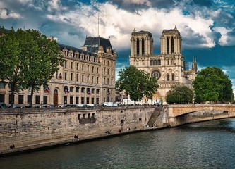 View of the famous Notre-Dame de Paris church. Is a medieval Catholic cathedral and is considered to be one of the finest examples of French Gothic architecture.