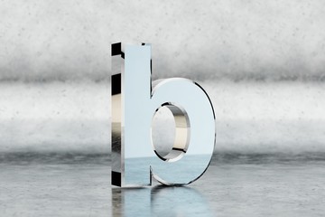 Chrome 3d letter B lowercase. Glossy chrome letter on scratched metal background. Metallic alphabet with studio light reflections. 3d rendered font character.