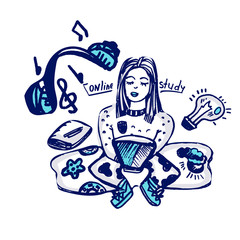 concept of learning home. Isolated vector on white background, hand drawn doodle style, girl is studing