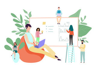 Team of tiny people help freelancer analyze data, creative solution concept, vector illustration. Entrepreneur research information, men and women cartoon characters work together. Project idea symbol