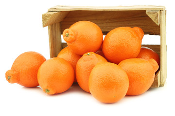 fresh and colorful  Minneola tangelo fruit in a wooden crate on a white background