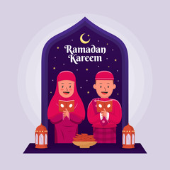 Ramadan greeting card vector, Postcard social media. Holy month in islam religion. holding the quran, mosque, lantern, date palm in flat design cartoon style