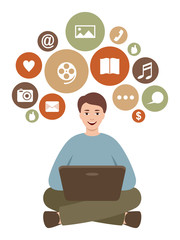 Social network concept. Man with a laptop