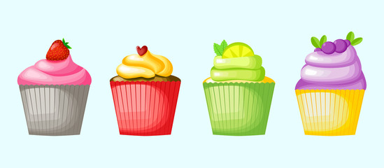 Set of delicious cupcakes on blue background, isolated. Cream strawberry, lemon, blueberry on muffin. Birthday cake. Dessert. vector illustration, flat design