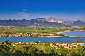 Fototapeta premium Fiumaretta beach and mouth of the Magra river from Montemarcello Liguria Italy
